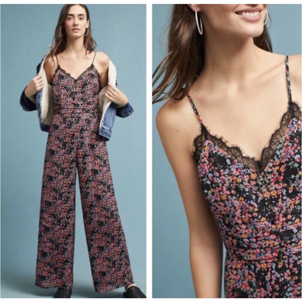 Anthropologie Black Floral Lace-Trim Spaghetti-Strap Jumpsuit